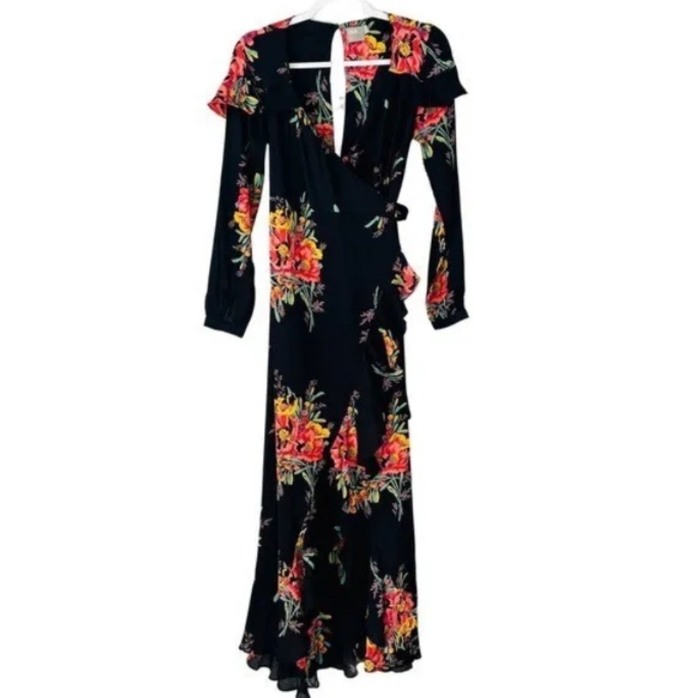 ASOS black floral‎ wrap dress ruffle front